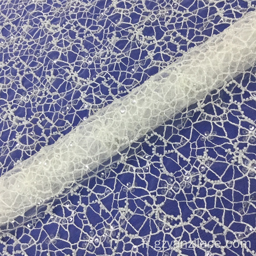 Tissu Dentelle Perlée Tulle Ivoire